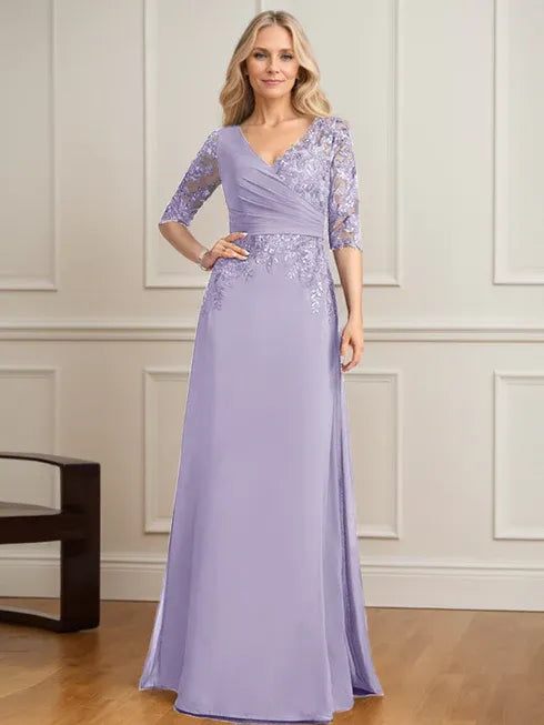 A-Line V-Neck Floor-Length Lace and Chiffon Mother of the Bride Dress with Pleated Sequins