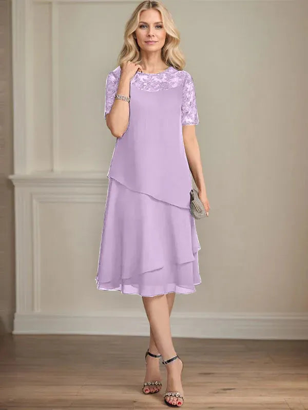 A-Line Scoop Neck Illusion Knee-Length Lace Chiffon Mother of the Bride Dress with Sequins