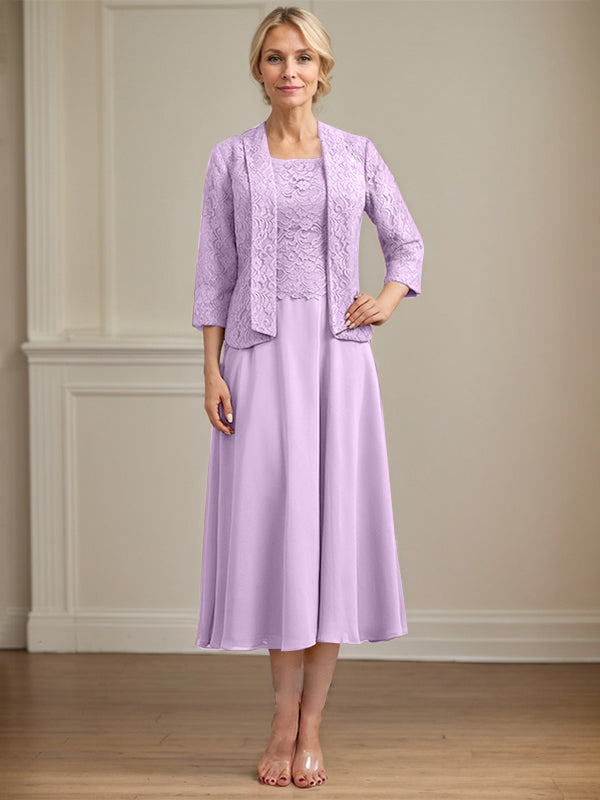 A-Line Scoop Neck Tea-Length Lace Chiffon Mother of the Bride Dress