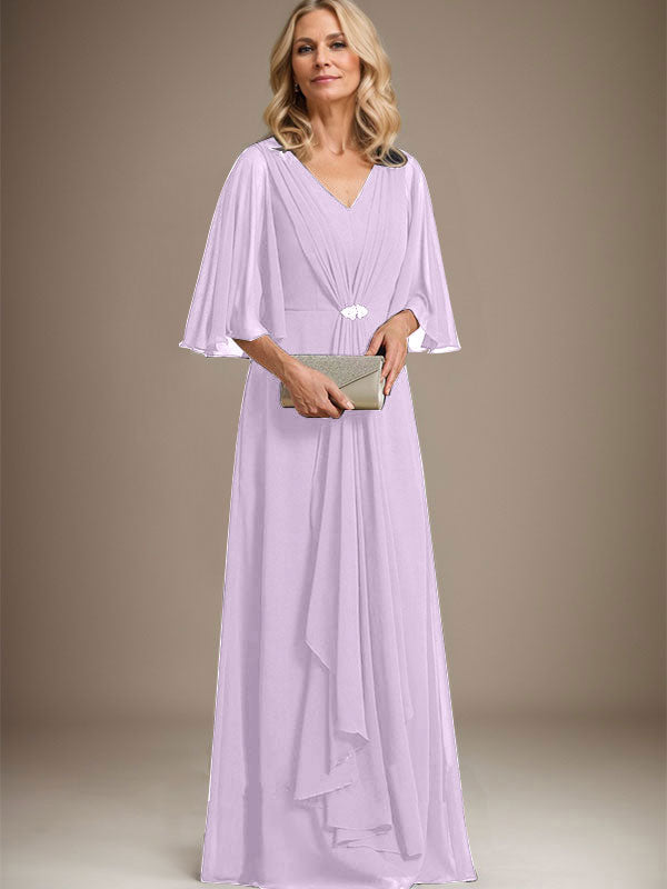 A-Line V-Neck Floor-Length Chiffon Mother of the Bride Dress with Cascading Ruffles and Crystal Brooch