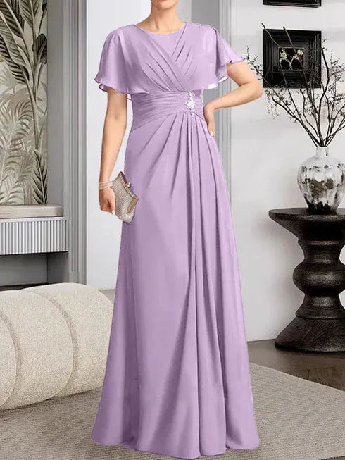 A-Line Scoop Neck Floor-Length Chiffon Mother of the Bride Dress with Pleated Beading