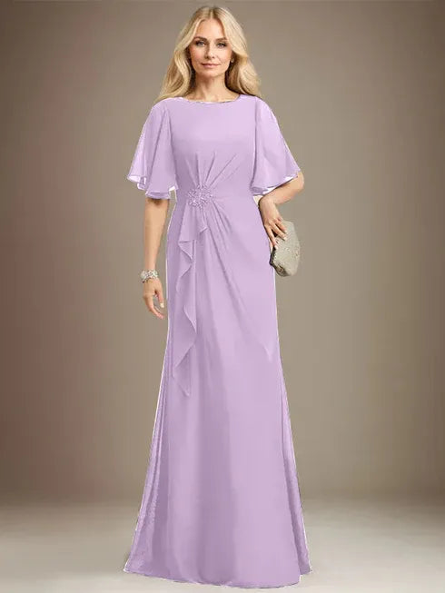 A-Line Scoop Floor-Length Chiffon Mother of the Bride Dress with Cascading Ruffles, Beading, and Sequins