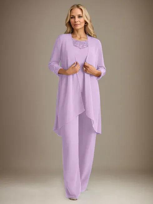 Chiffon Scoop Neck Long Sleeve Mother of the Bride Pantsuit with Jacket