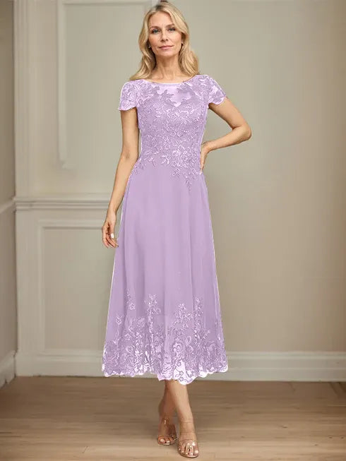 A-Line Illusion Scoop Tea-Length Lace Chiffon Mother of the Bride Dress with Sequins