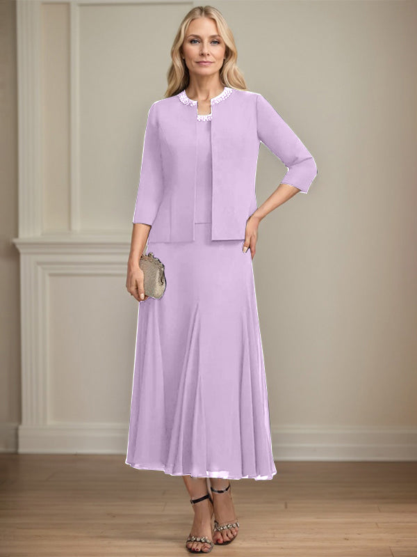 A-line Scoop Tea-Length Chiffon Mother of the Bride Dress with Sequins and Beading Separates
