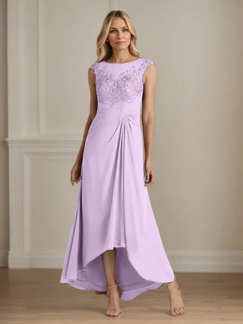 Champagne A-Line Lace and Chiffon Scoop Neck Dress