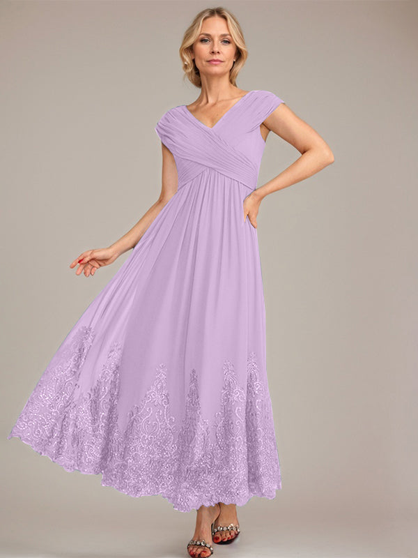 A-Line V-Neck Chiffon Mother of the Bride Dress with Appliqué and Sequins, Ankle-Length
