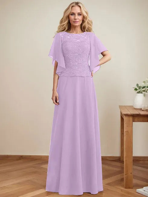 A-Line Scoop Neck Illusion Floor-Length Lace Chiffon Mother of the Bride Dress with Sequins