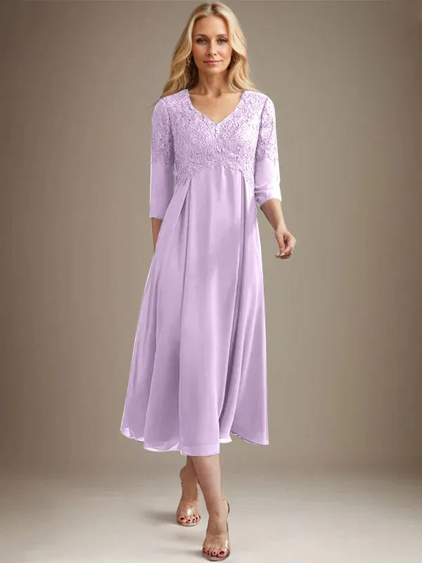 A-Line V-Neck Tea-Length Chiffon Lace Mother of the Bride Dress with Beading