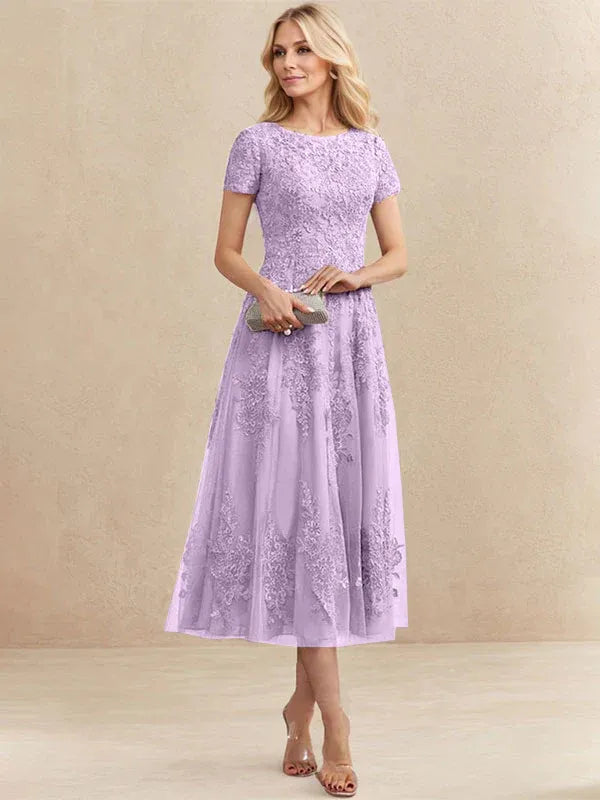 A-Line Scoop Neck Tea-Length Tulle Lace Mother of the Bride Dress