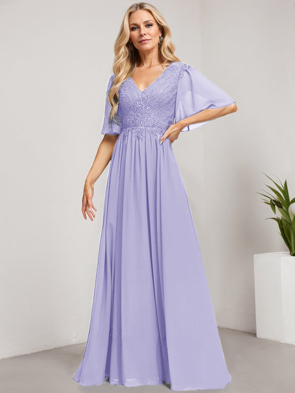 A-Line V-Neck Floor-Length Lace Chiffon Mother of the Bride Dress with Sequins