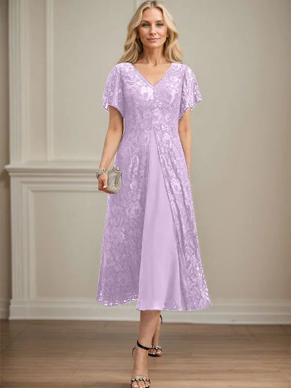 A-Line V-Neck Tea-Length Lace Chiffon Mother of the Bride Dress