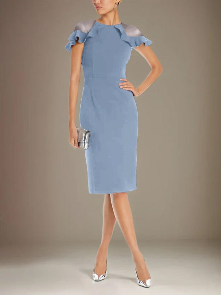 Sheath Dress with Column Stretch Crepe, Scoop Neck, Short Sleeves, Knee Length