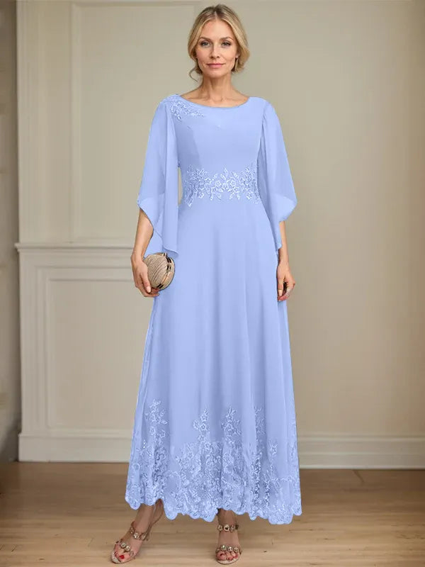 A-Line Scoop Neck Illusion Lace Chiffon Mother of the Bride Dress with Sequins and Ankle-Length Hem