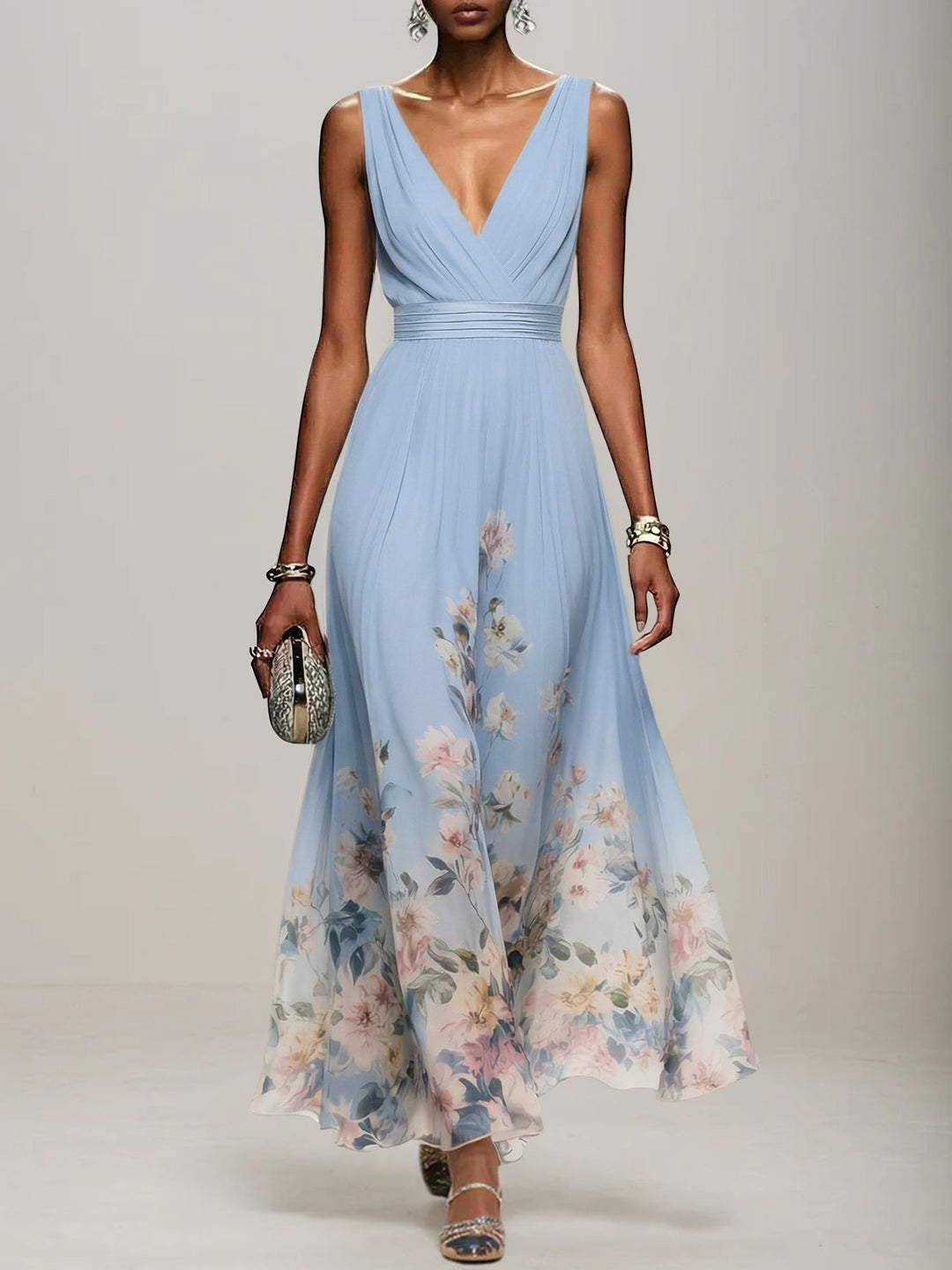 Light Blue Floral Chiffon V-Neck Sleeveless A-Line Maxi Dress