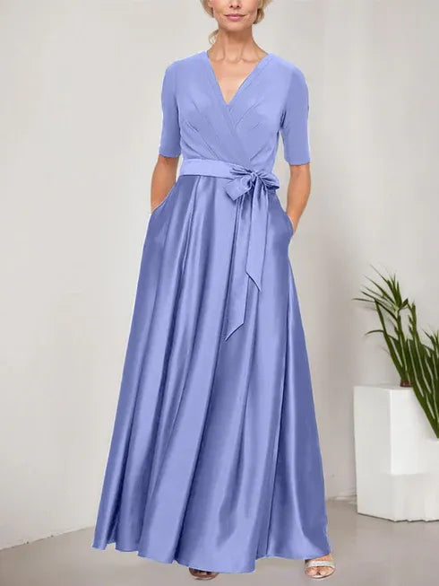 Surplice Neckline Ballgown with Full Satin Skirt and Jersey Bodice