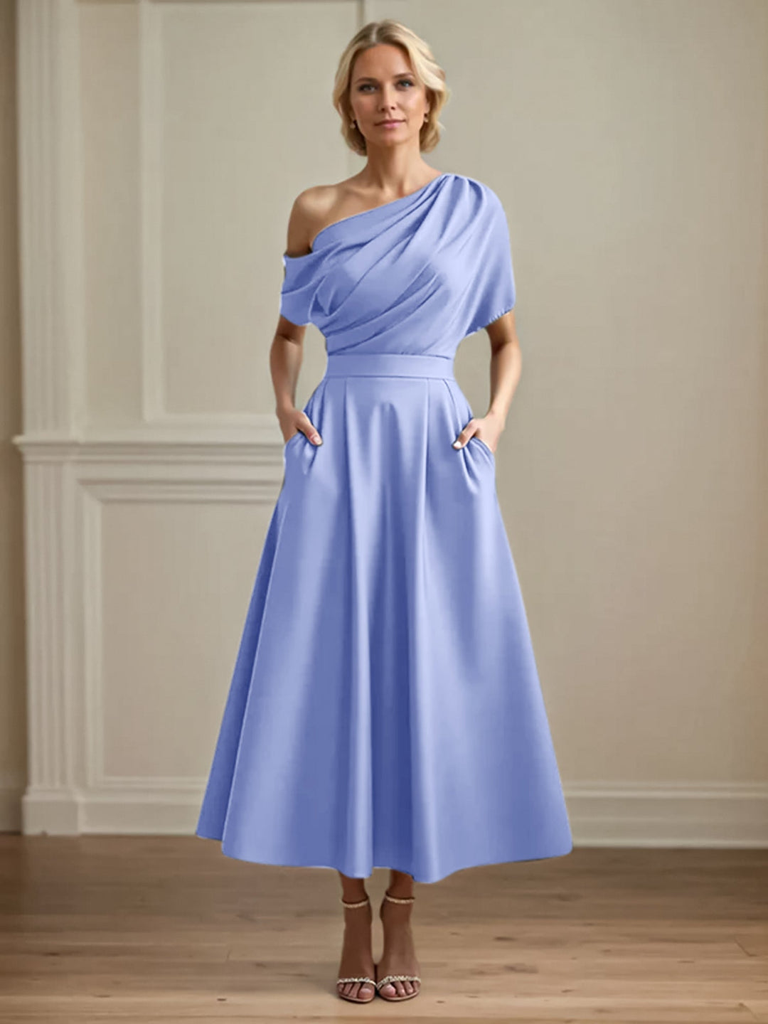 One-Shoulder Satin A-Line Pleated Ankle-Length Mother of the Bride Dress