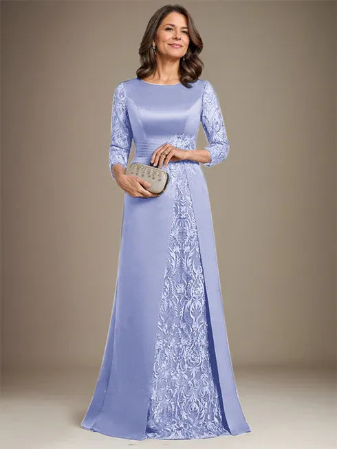 Floor-Length A-Line Lace Satin Mother of the Bride Dress with Scoop Neck and Applique