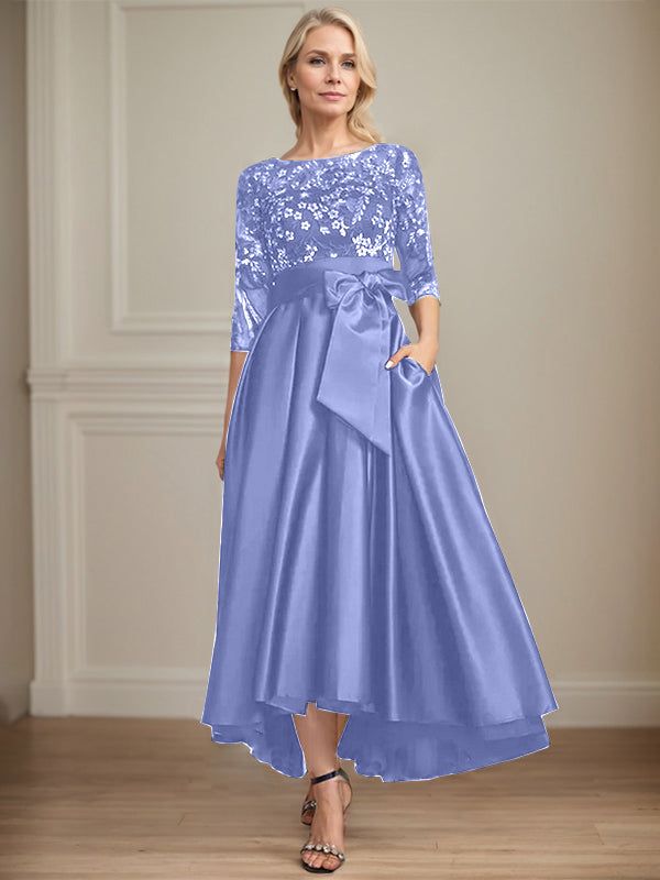 A-Line Scoop Neck Illusion Asymmetrical Satin Lace Mother of the Bride Dress with Bow