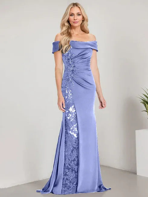 A-Line Off-the-Shoulder Floor-Length Mother of the Bride Dress with Appliqué Beadings and Mermaid Silhouette Featuring a High Split