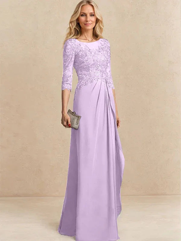 A-Line Scoop Illusion Floor-Length Chiffon and Lace Mother of the Bride Dress with Beading, Sequins, and Cascading Ruffles