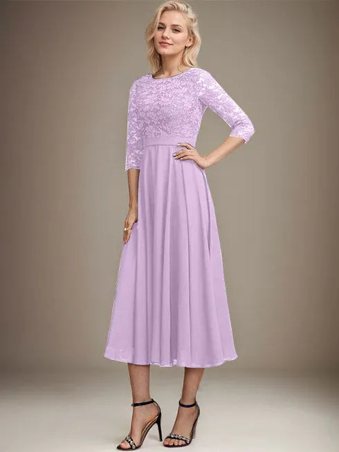 A-Line Scoop Neck Tea-Length Lace Chiffon Mother of the Bride Dress with Sequins