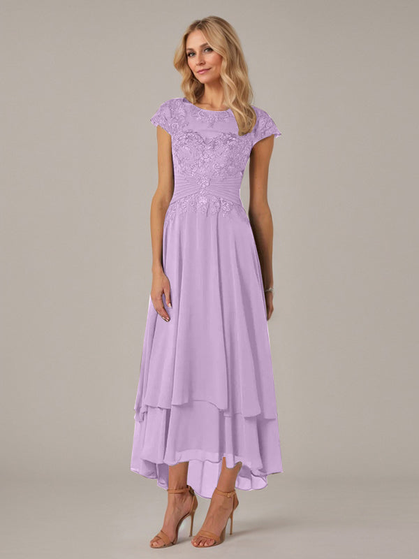 A-Line Boat Neck Illusion Asymmetrical Chiffon Lace Mother of the Bride Dress with Applique and Pleats