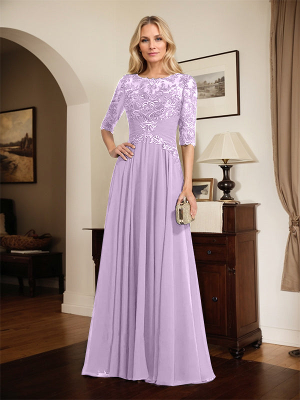A-Line Scoop Neck Illusion Floor-Length Chiffon and Lace Mother of the Bride Dress with Pleated Sequins