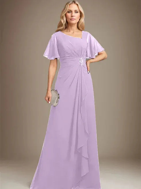 A-Line Asymmetrical Floor-Length Chiffon Mother of the Bride Dress with Pleated Beading and Sequins