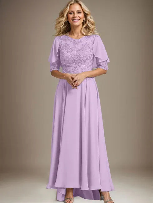 A-Line Scoop Neck Illusion Asymmetrical Chiffon and Lace Mother of the Bride Dress with Beading