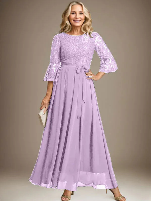 A-Line Scoop Neck Ankle-Length Lace Chiffon Mother of the Bride Dress with Bow