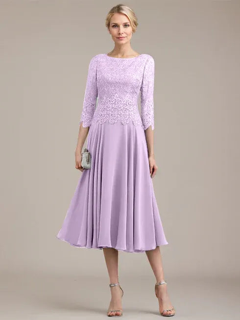 A-Line Scoop Neck Tea-Length Lace Chiffon Mother of the Bride Dress