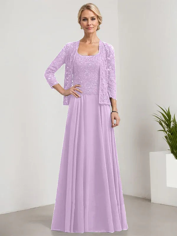 A-Line Square Neck Floor-Length Lace and Chiffon Mother of the Bride Dress with Sequins