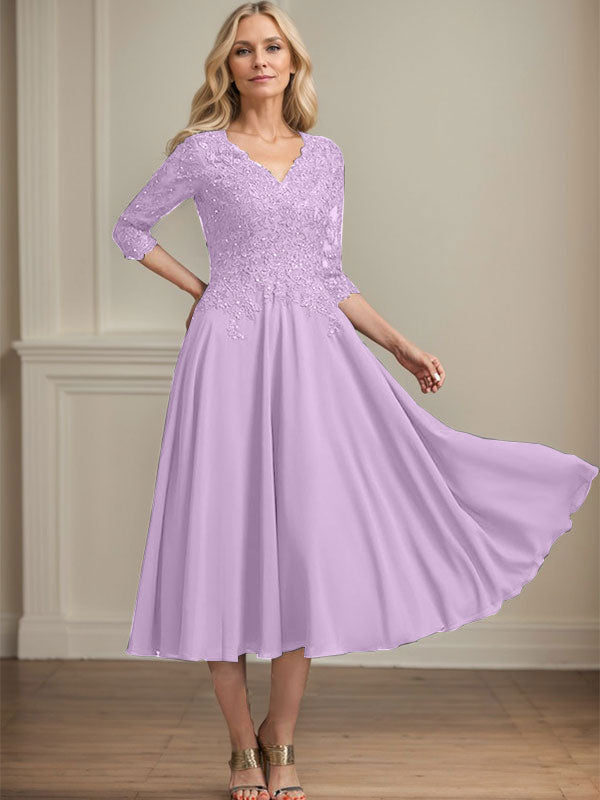 A-Line V-Neck Tea-Length Chiffon and Lace Mother of the Bride Dress with Beading and Sequins
