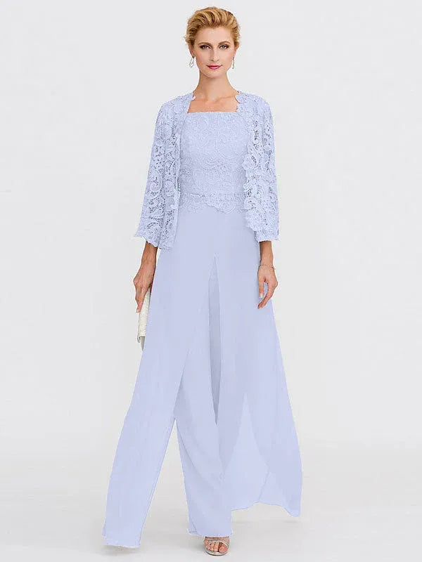 3-Piece Chiffon Square Neck Mother of the Bride Pantsuit Set with Jacket