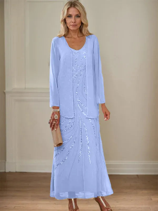 V-Neck Sheath/Mother of the Bride Ankle-Length Dress with Jacket & Sequins