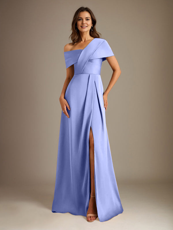 A-Line Satin Mother of the Bride Dress with Asymmetrical Neckline, Floor-Length, and Pleated Design
