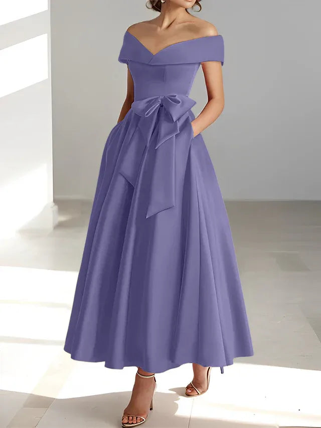 A-Line Off-the-Shoulder Sleeveless Ankle-Length Mother of the Bride Dress with Pockets