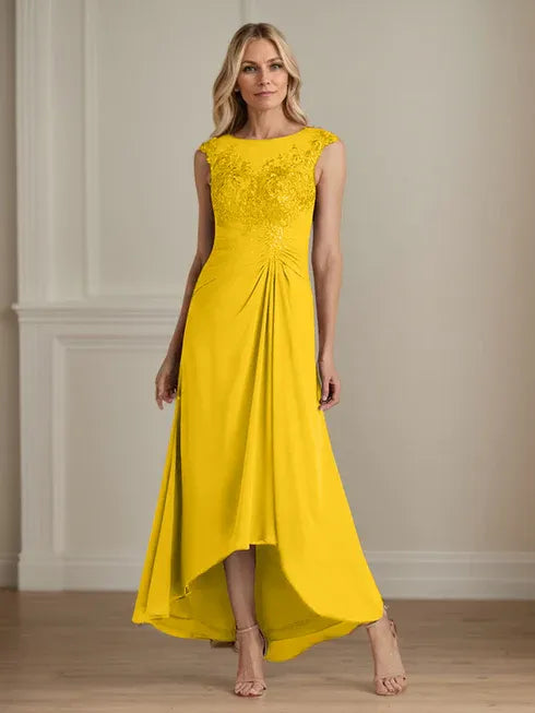 Champagne A-Line Lace and Chiffon Scoop Neck Dress