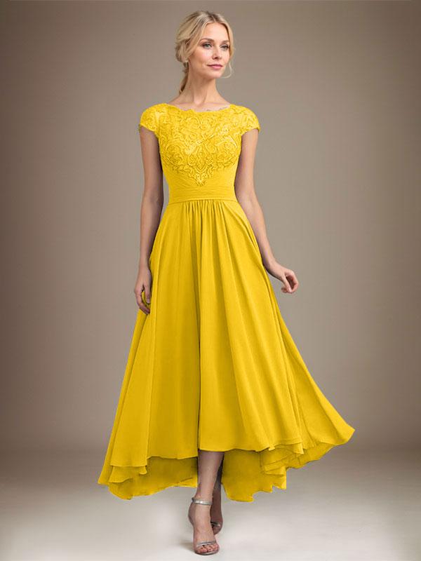 A-Line Scoop Neck Illusion Asymmetrical Lace Chiffon Mother of the Bride Dress with Pleats