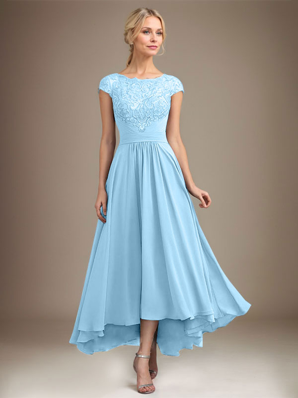 A-Line Scoop Neck Illusion Asymmetrical Lace Chiffon Mother of the Bride Dress with Pleats