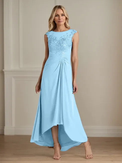 Champagne A-Line Lace and Chiffon Scoop Neck Dress