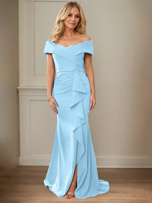 Floor-Length Lace and Chiffon Mother of the Bride Dress with Sheath/Column V-Neck Illusion and Pleated Sequins