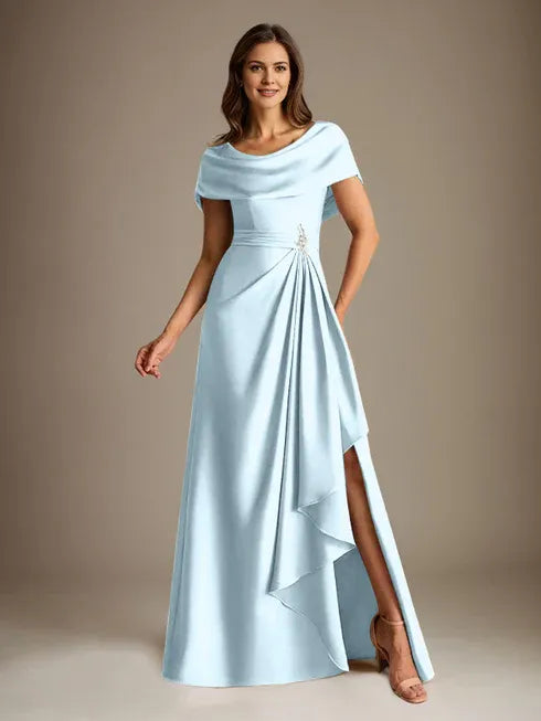 A-Line Scoop Neck Floor-Length Stretch Satin Mother of the Bride Dress with Cascading Ruffles