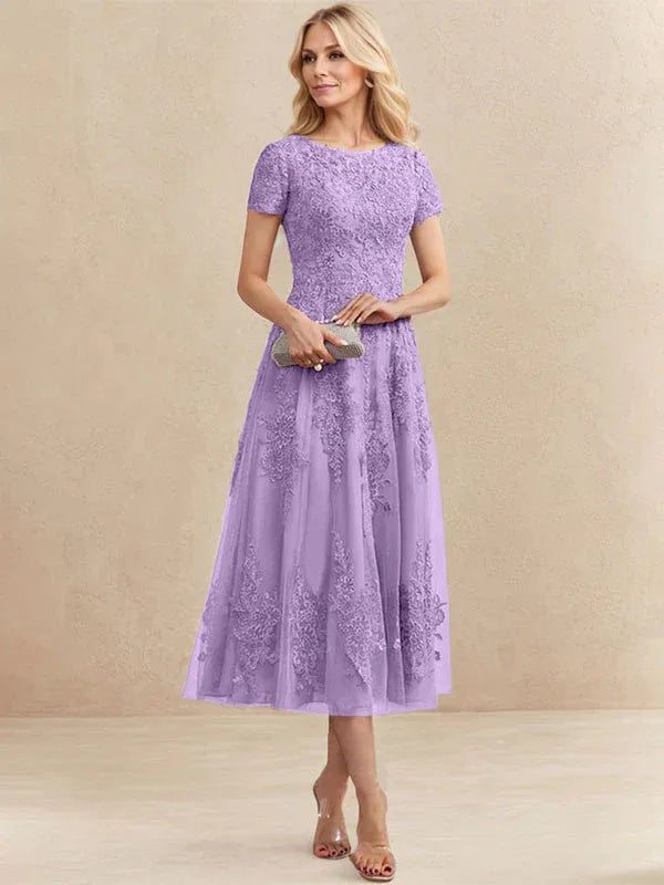 A-Line Scoop Neck Tea-Length Tulle Lace Mother of the Bride Dress