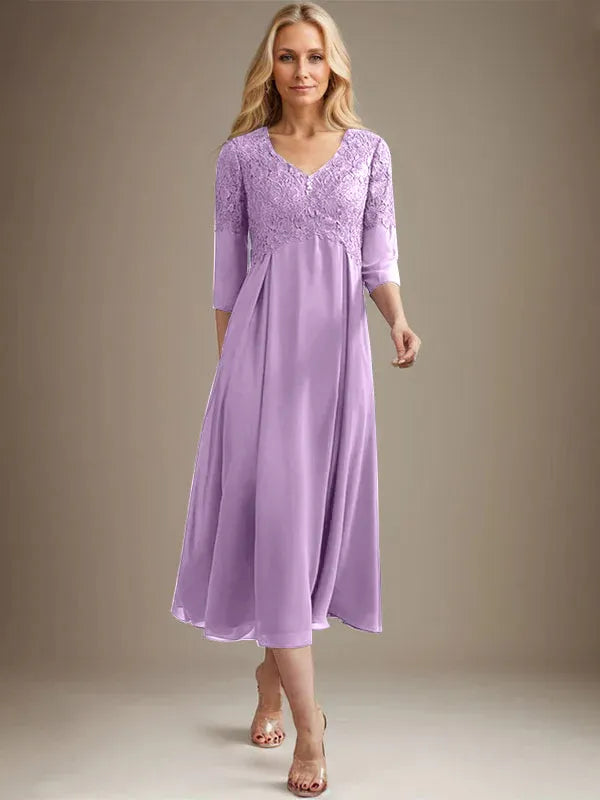 A-Line V-Neck Tea-Length Chiffon Lace Mother of the Bride Dress with Beading