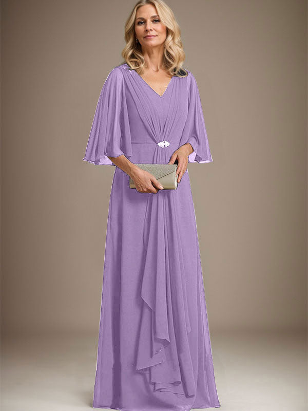 A-Line V-Neck Floor-Length Chiffon Mother of the Bride Dress with Cascading Ruffles and Crystal Brooch