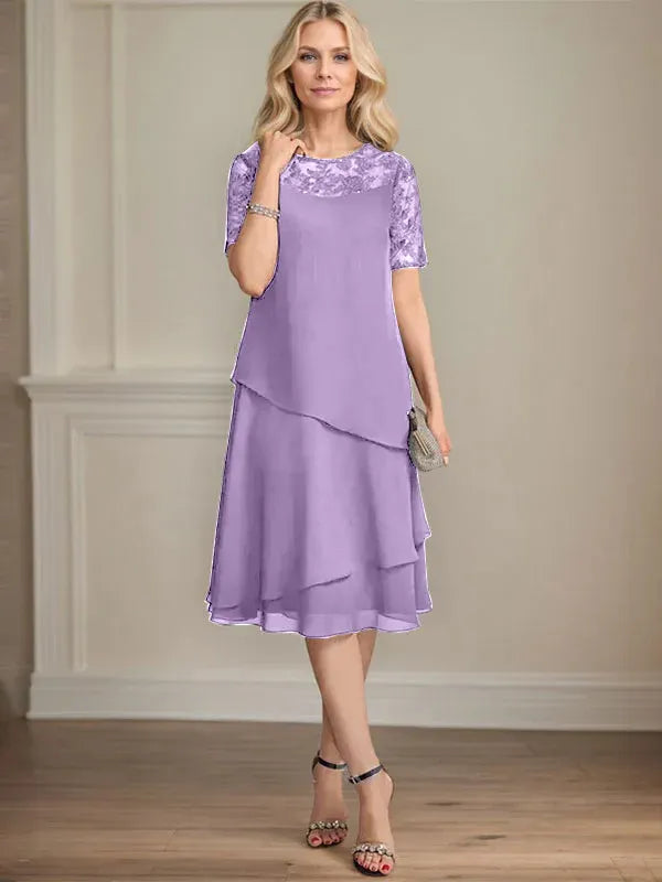A-Line Scoop Neck Illusion Knee-Length Lace Chiffon Mother of the Bride Dress with Sequins