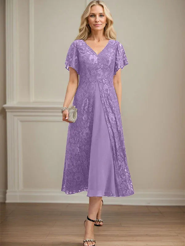 A-Line V-Neck Tea-Length Lace Chiffon Mother of the Bride Dress