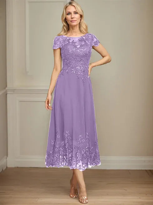 A-Line Illusion Scoop Tea-Length Lace Chiffon Mother of the Bride Dress with Sequins